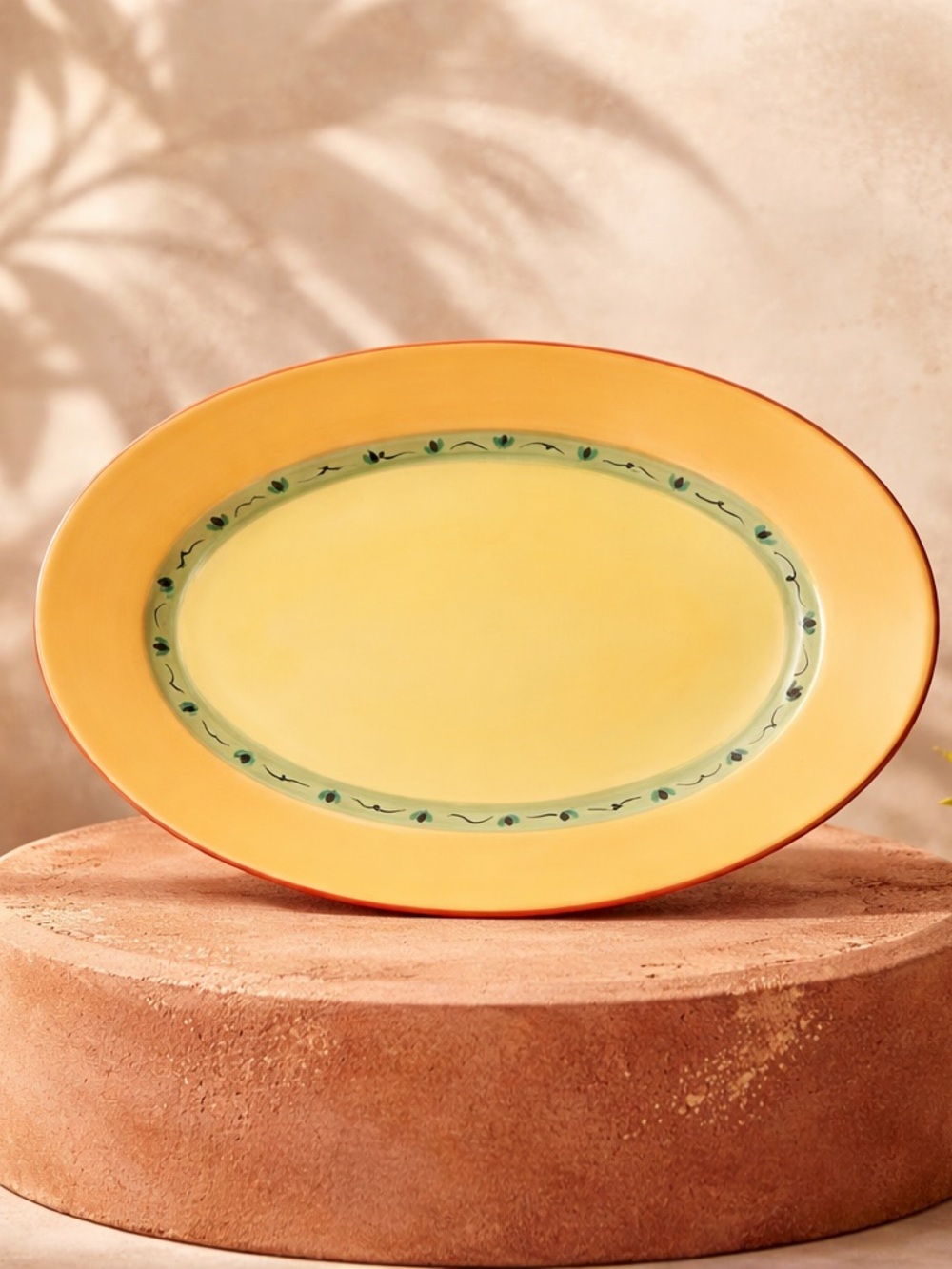 Pfaltzgraff Yellow Center Orange Rim Decorative Platter with Green Vine Border